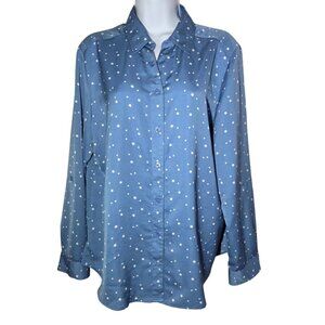 Chico's Blue White Star Print Button Down Shirt W Roll-Tab Sleeves M/12